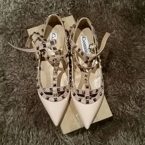 CAMSSOO Metal stud, strappy ankle, pointy toe flat